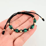 Black Woven Bracelet Rough Emerald Cubic 5Und Beads 8Und 18K Yellow Gold