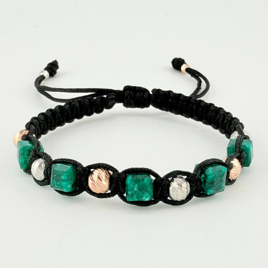 Pulsera Tejida Negra Morralla Esmeralda Cubica 5Und Bolas 8Und Tres Oros 18K