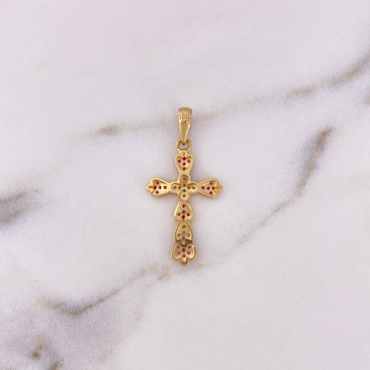 Pendant Cross 2.3gr / 3.3cm / White Fuchsia Zircons Two 18K Yellow White Gold #