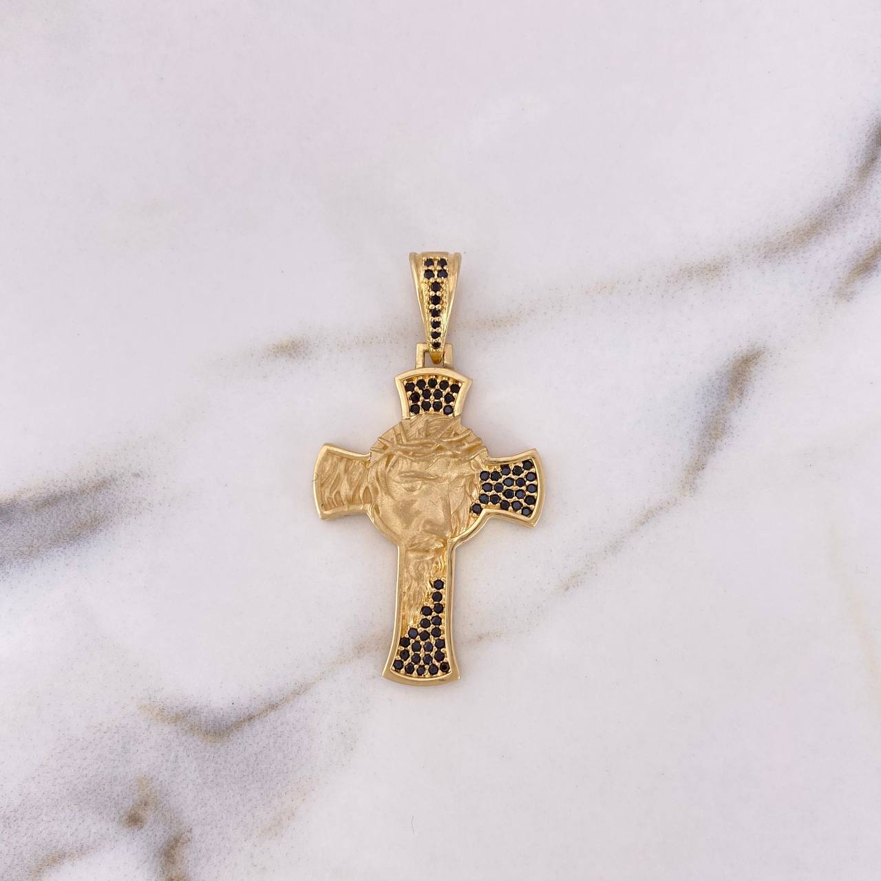 Pendant Cross Face of Christ 6.65gr / 4.3cm / Black Zircons 18K Yellow Gold #