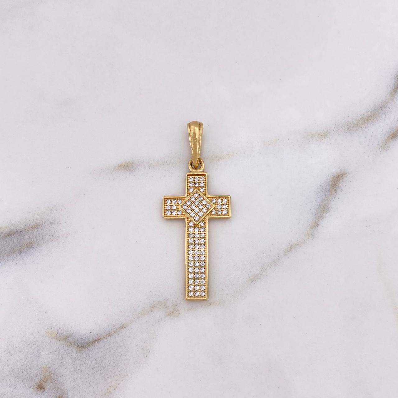 Pendant Rhombus Cross 3.25gr / 3.8cm / White Zirconia 18K Yellow Gold #