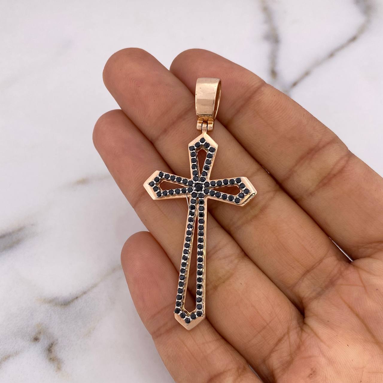 Pendant Cross 10.2gr / 5.8cm / Black Zircons Two White and Rose Gold 18K #