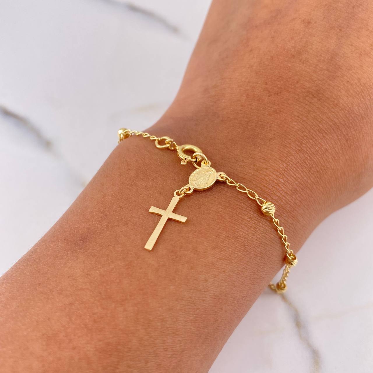 Bracelet Virgin Miraculous Denarius 2.55gr / 19cm / 2.7mm Beads Diamond Cut 18K Yellow Gold &