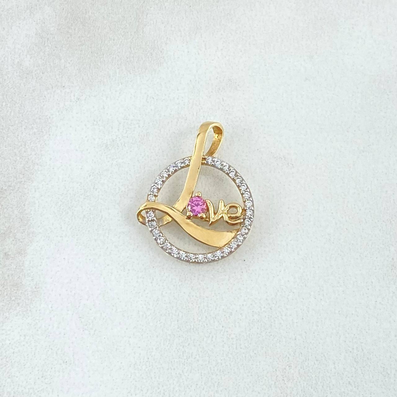 Pendant LOVE in Circle 1.35gr / 2cm / White Zircons Pink Yellow Gold 18K