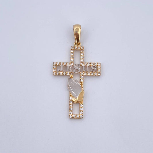 Dije Cruz Jesus 2.3gr / 3.7cm / Circones Blancos Dos Oros Amarillo Blanco 18K &