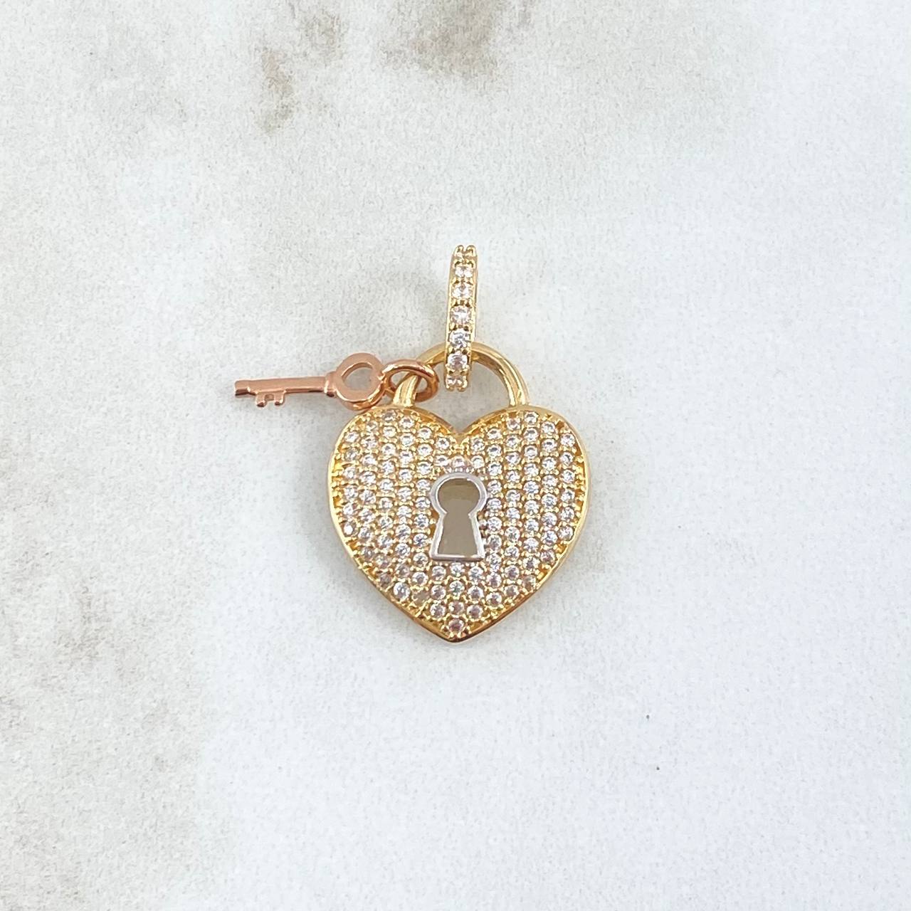 Dije Corazón Cerradura Llave 3.15gr / 2.5cm / Circones Blancos Dos Oros Amarillo Rosa 18K