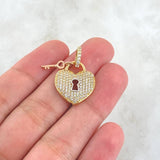 Dije Corazón Cerradura Llave 3.15gr / 2.5cm / Circones Blancos Dos Oros Amarillo Rosa 18K