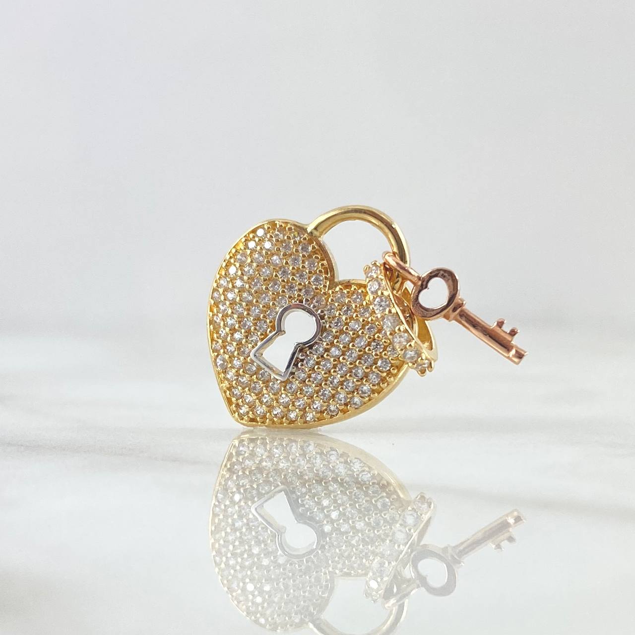 Dije Corazón Cerradura Llave 3.15gr / 2.5cm / Circones Blancos Dos Oros Amarillo Rosa 18K