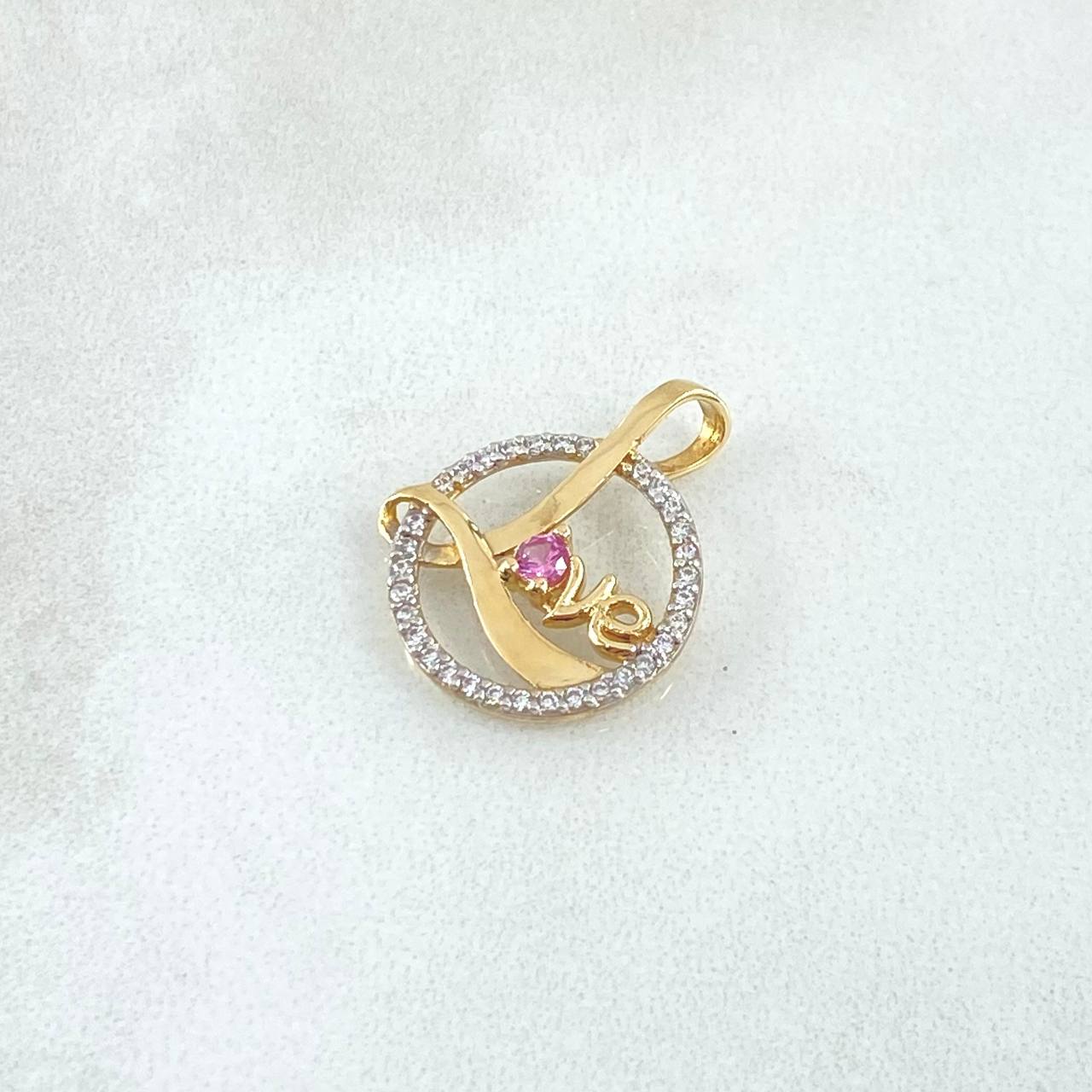 Pendant LOVE in Circle 1.35gr / 2cm / White Zircons Pink Yellow Gold 18K