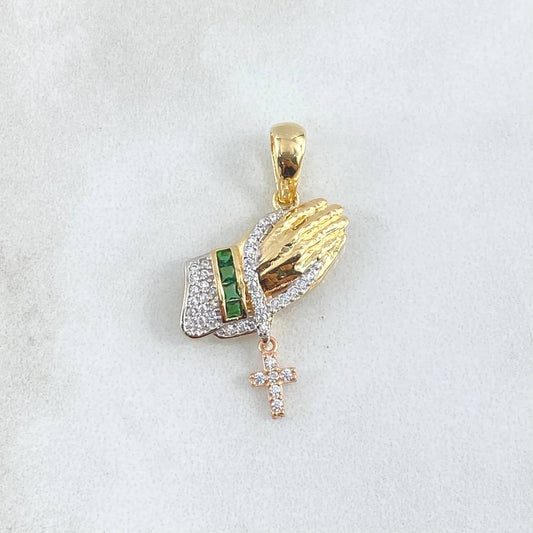 Dije Manos Orando Cruz Colgante 4.2gr / 3.2cm / Circones Blancos Verdes Dos Oros Amarillo Rosa 18K
