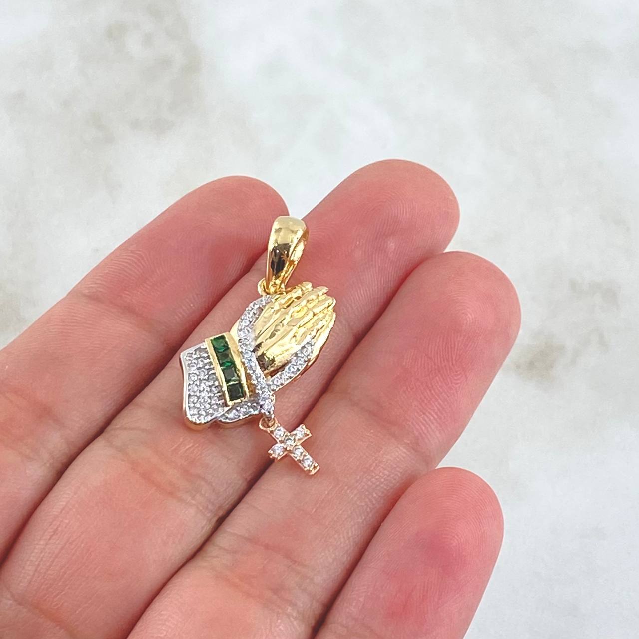 Pendant Hands Praying Cross Pendant 4.2gr / 3.2cm / White and Green Zircons Two 18K Yellow and Rose Golds