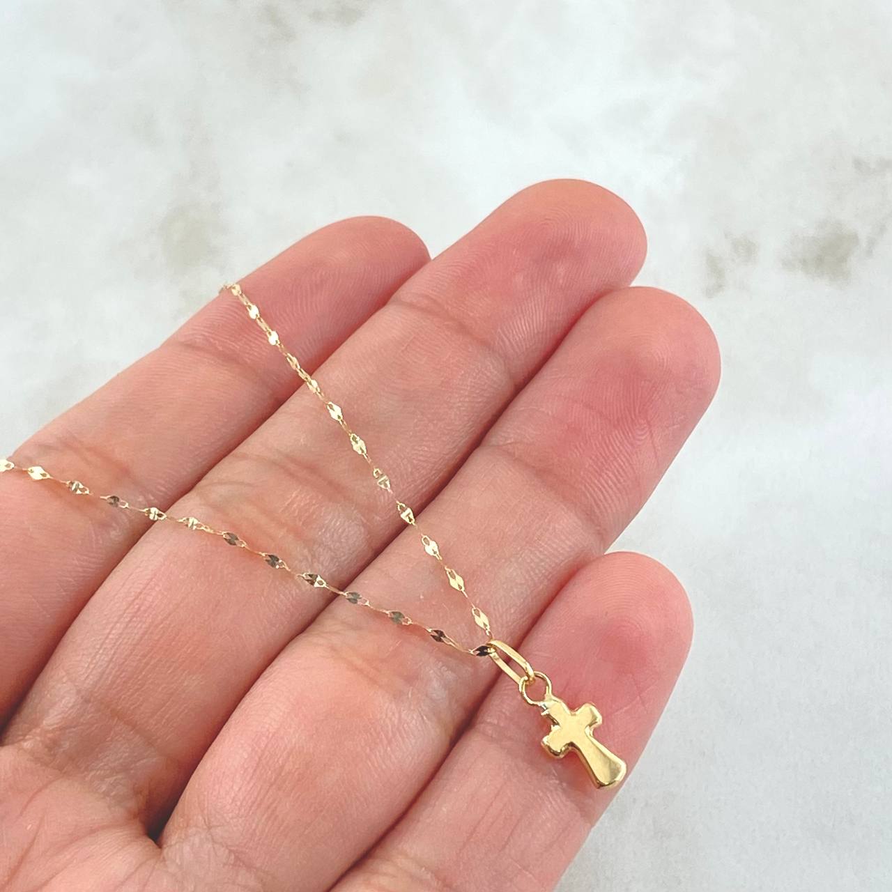 Set Cadena y Dije Mini Flor Espejo + Cruz 0.6gr / Oro Amarillo 18K