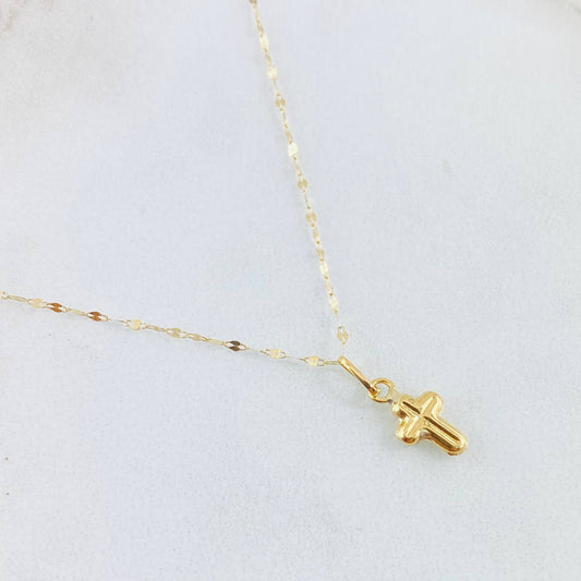 Set Cadena y Dije Mini Flor Espejo + Cruz 0.65gr / Oro Amarillo 18K