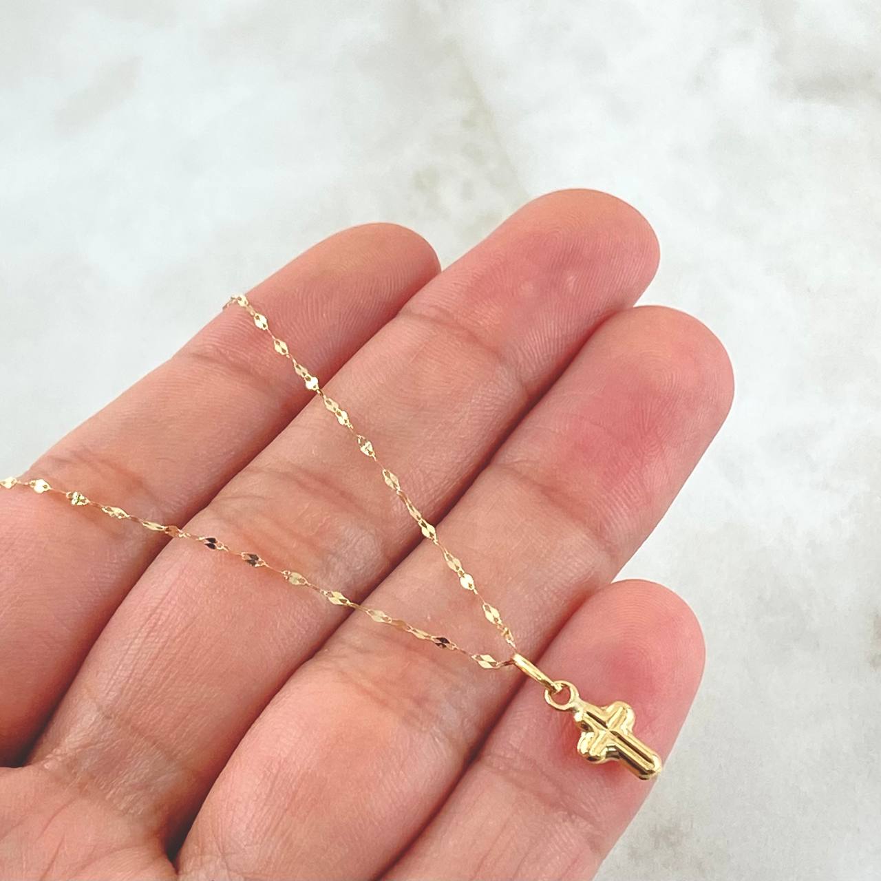 Set Cadena y Dije Mini Flor Espejo + Cruz 0.65gr / Oro Amarillo 18K