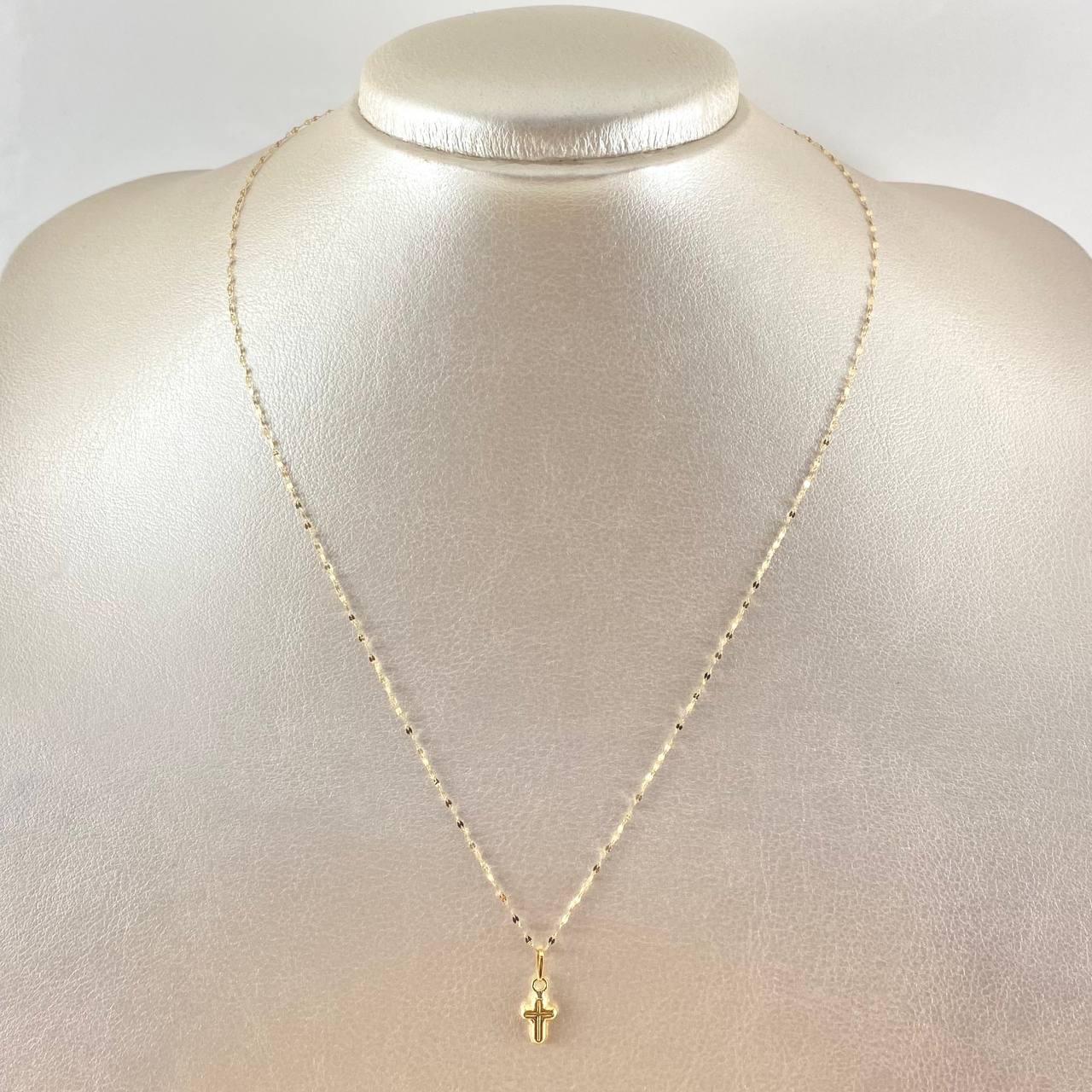Set Cadena y Dije Mini Flor Espejo + Cruz 0.65gr / Oro Amarillo 18K