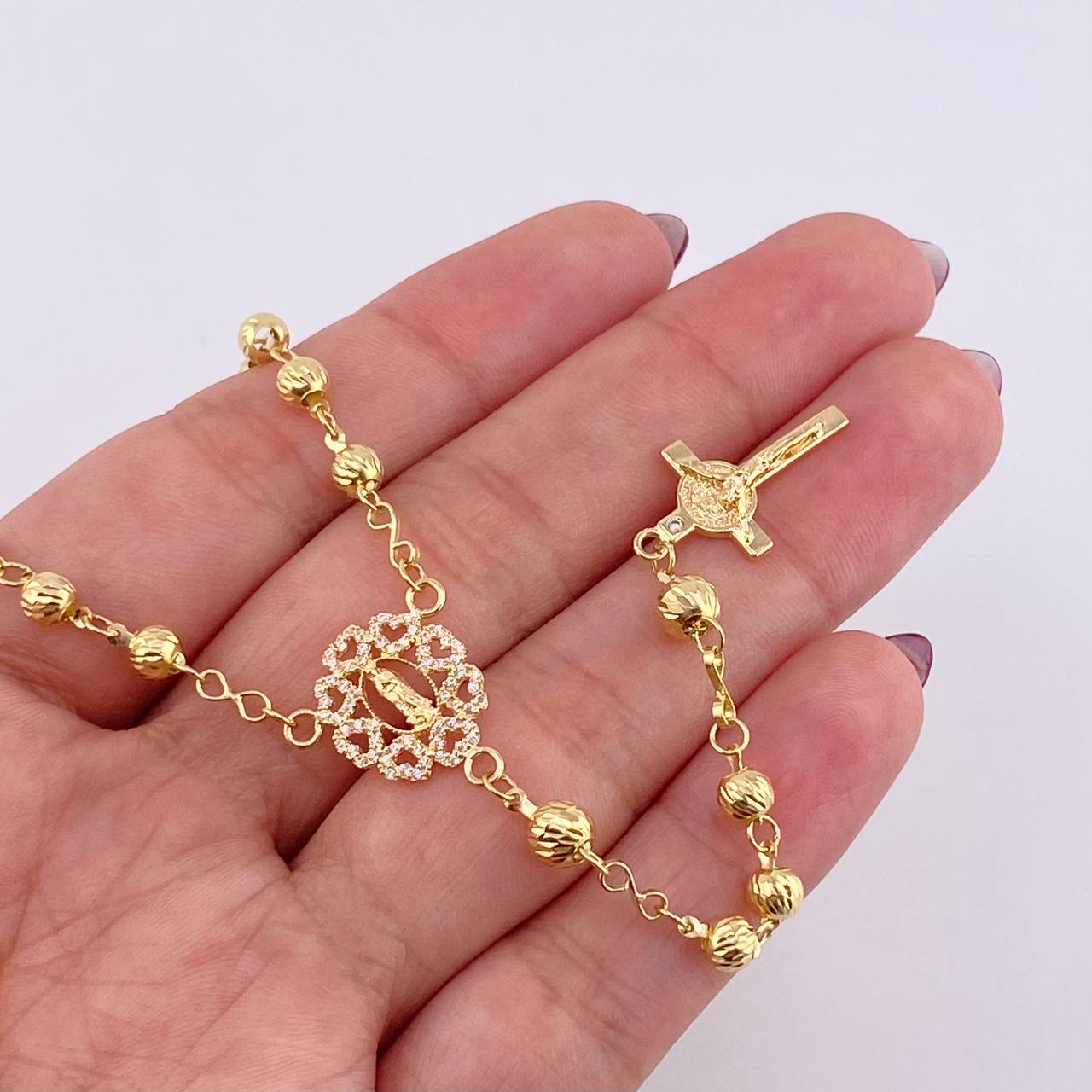 Rosario Virgen Guadalupe Corazones Diamantado 9.7 g / 20 1/2 in / 4 mm - 5 mm Oro Amarillo 18K