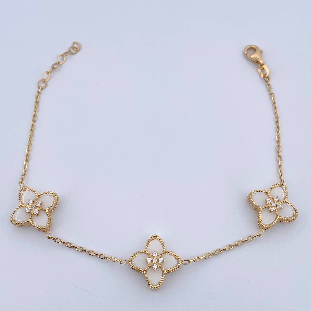 Classic Link Bracelet Flowers 5.9gr / 17.5cm-19.4cm / 1.3mm White Jade White Zircons Yellow Gold +4 18K &