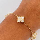 Classic Link Bracelet Flowers 5.9gr / 17.5cm-19.4cm / 1.3mm White Jade White Zircons Yellow Gold +4 18K &