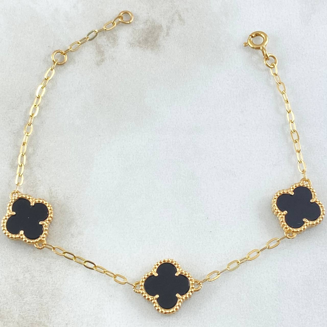 Pulso Aro seguido Trebol Onix Negro 5.45gr / 7 1/2 in / 12mm Oro Amarillo Nac.Esp. 18K