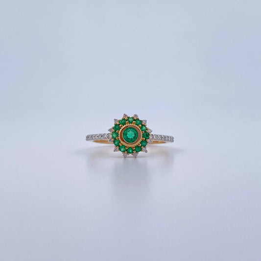 Dahlia Flower Ring 2.1gr / Size 5 1/4 / Emerald 21 Pts Diamond 21 Pts Two Yellows White Gold 18K (Jewel) &
