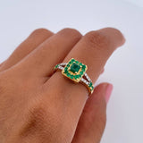 Square Halo Ring Double Line 2.95gr / T6 1/4 / Emerald 62 Pts Diamond 8 Pts Two Yellows Yellow White 18K (Jewel) &