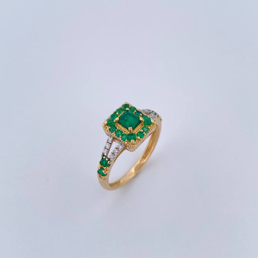 Square Halo Ring Double Line 2.95gr / T6 1/4 / Emerald 62 Pts Diamond 8 Pts Two Yellows Yellow White 18K (Jewel) &