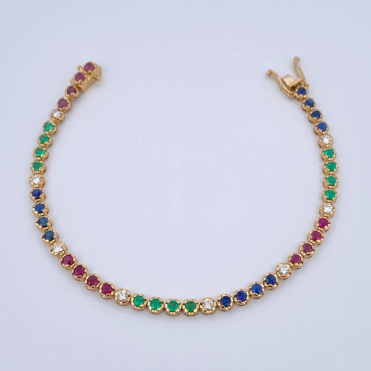 Bracelet Tennis 8.5gr / 17.7cm / 3.5mm Emerald 70 Pts Sapphires Rubies 1.95 Qts Diamond 50 Pts 18K Yellow Gold (Jewel) &