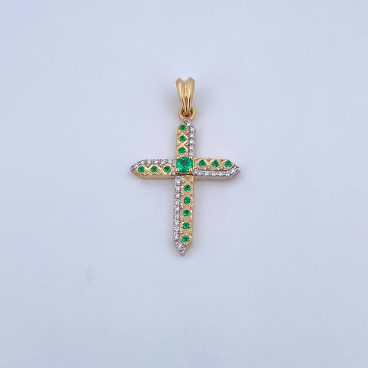 Dije Cruz 3.35gr / 3.6cm / Esmeralda 24 Pts Diamante 17 Pts Dos Oros Amarillo Blanco 18K (Joya) &