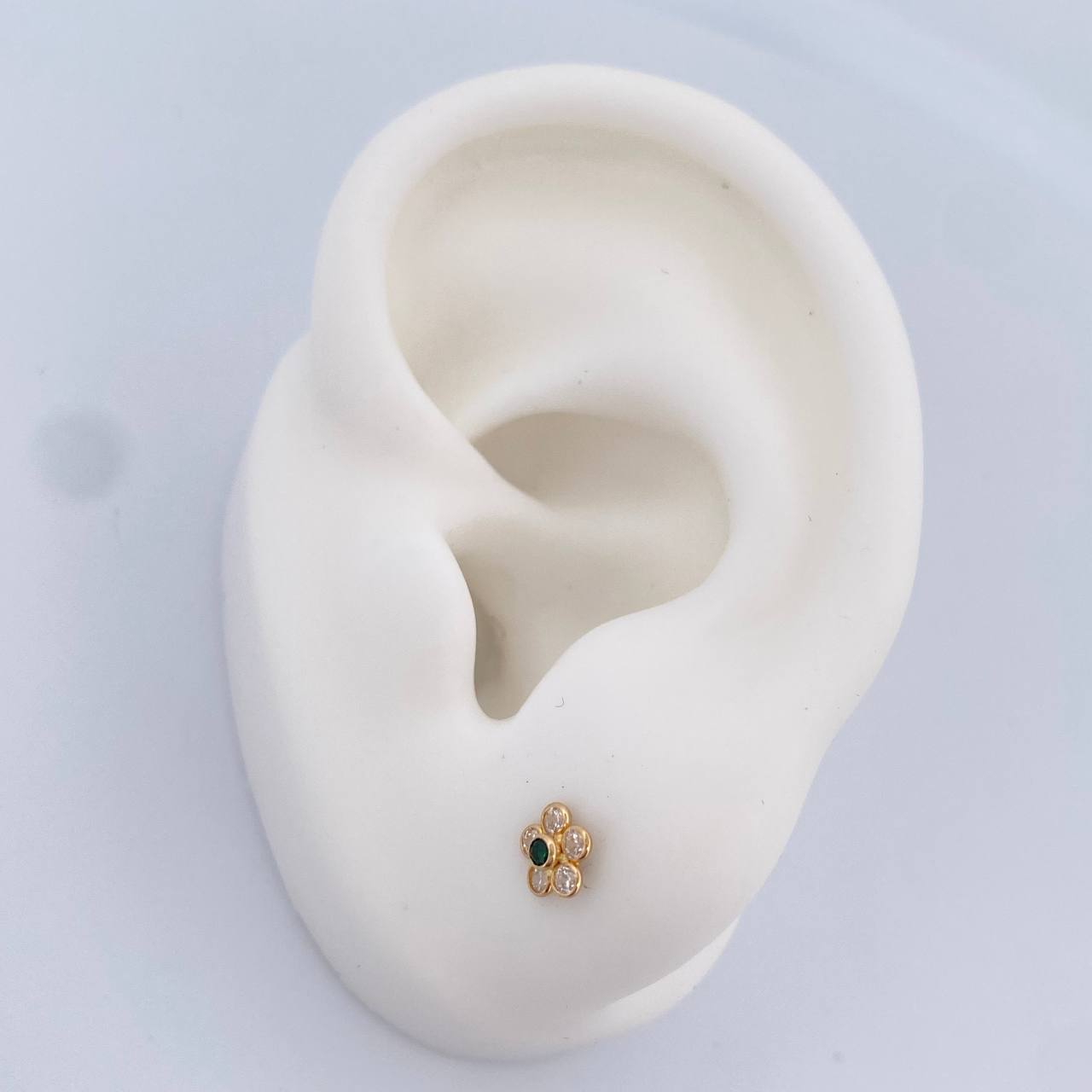 Stud Earrings Flower 0.6gr / White Zircons Green 18K Yellow Gold $