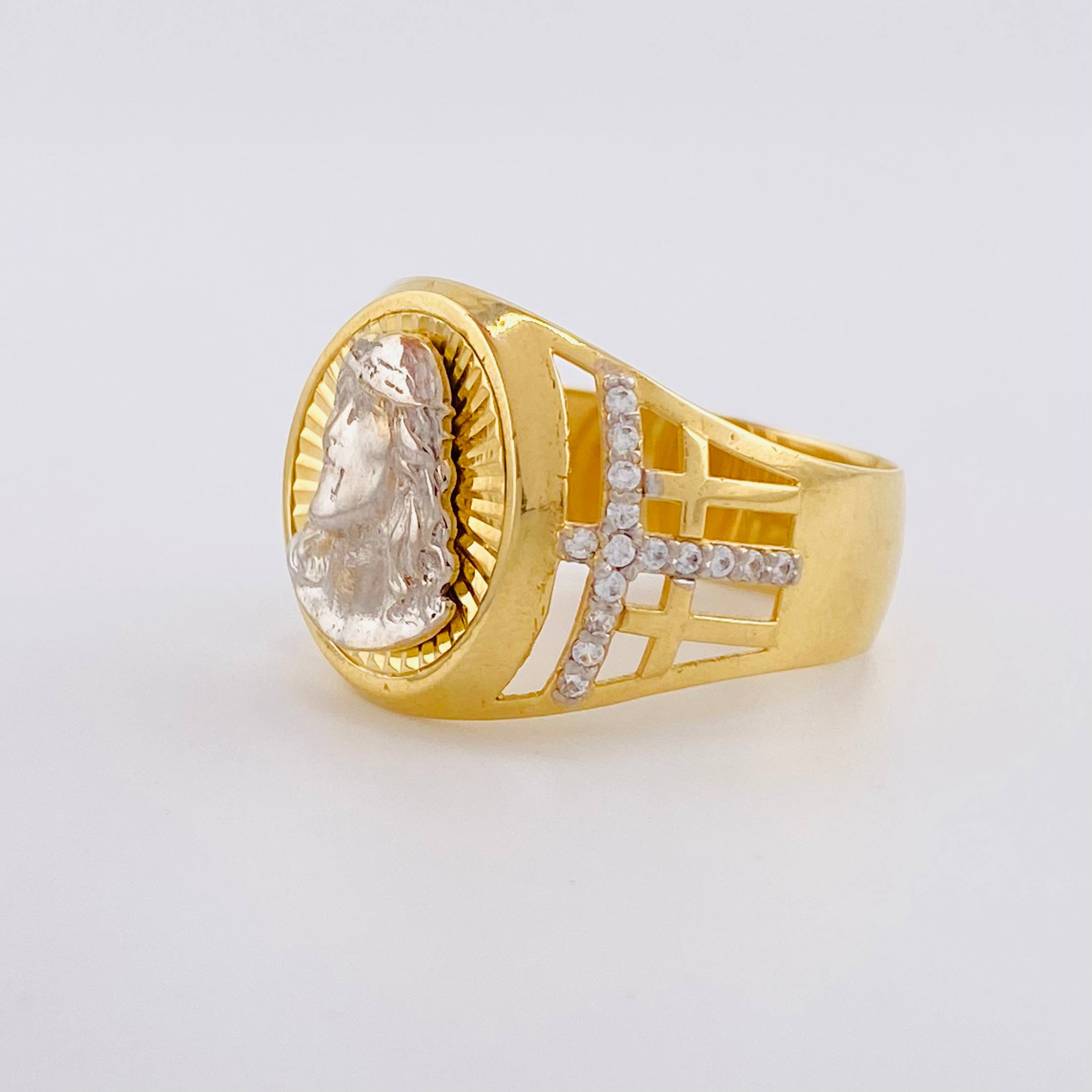 Christ Face Signet Ring 7.45g / T11 3/4 Two-Tone Yellow White Gold 18K