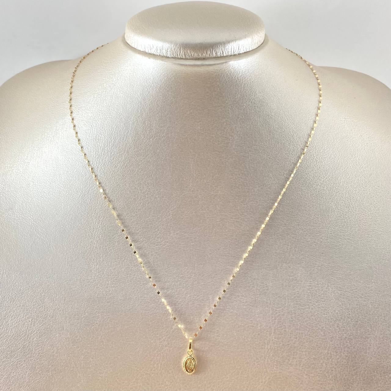 Set Cadena y Dije Mini Flor Espejo + Virgen Milagrosa  0.75gr / Oro Amarillo 18K