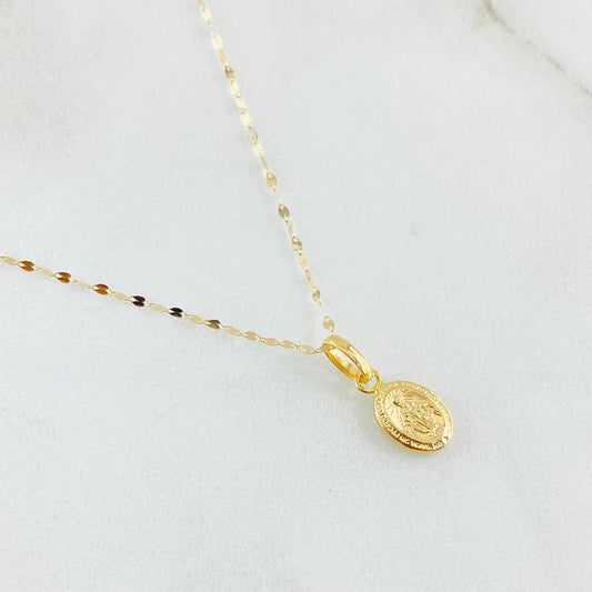 Set Cadena y Dije Mini Flor Espejo + Virgen Milagrosa  0.7gr / Oro Amarillo 18K
