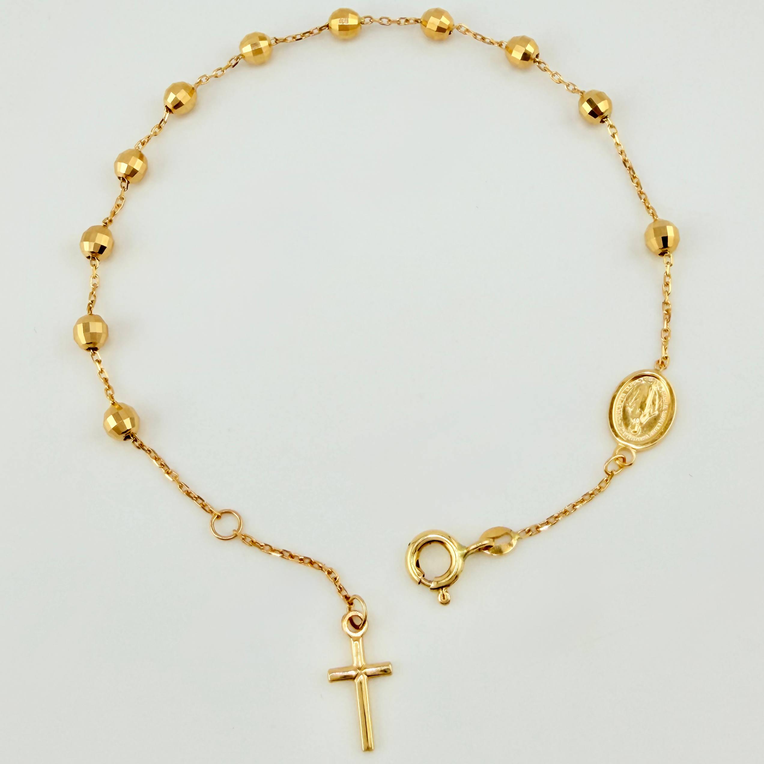 Pulso Denario Virgen Milagrosa Cruz 3.25gr / 8 1/4 in / 3.8mm Oro Amarillo +4 18K