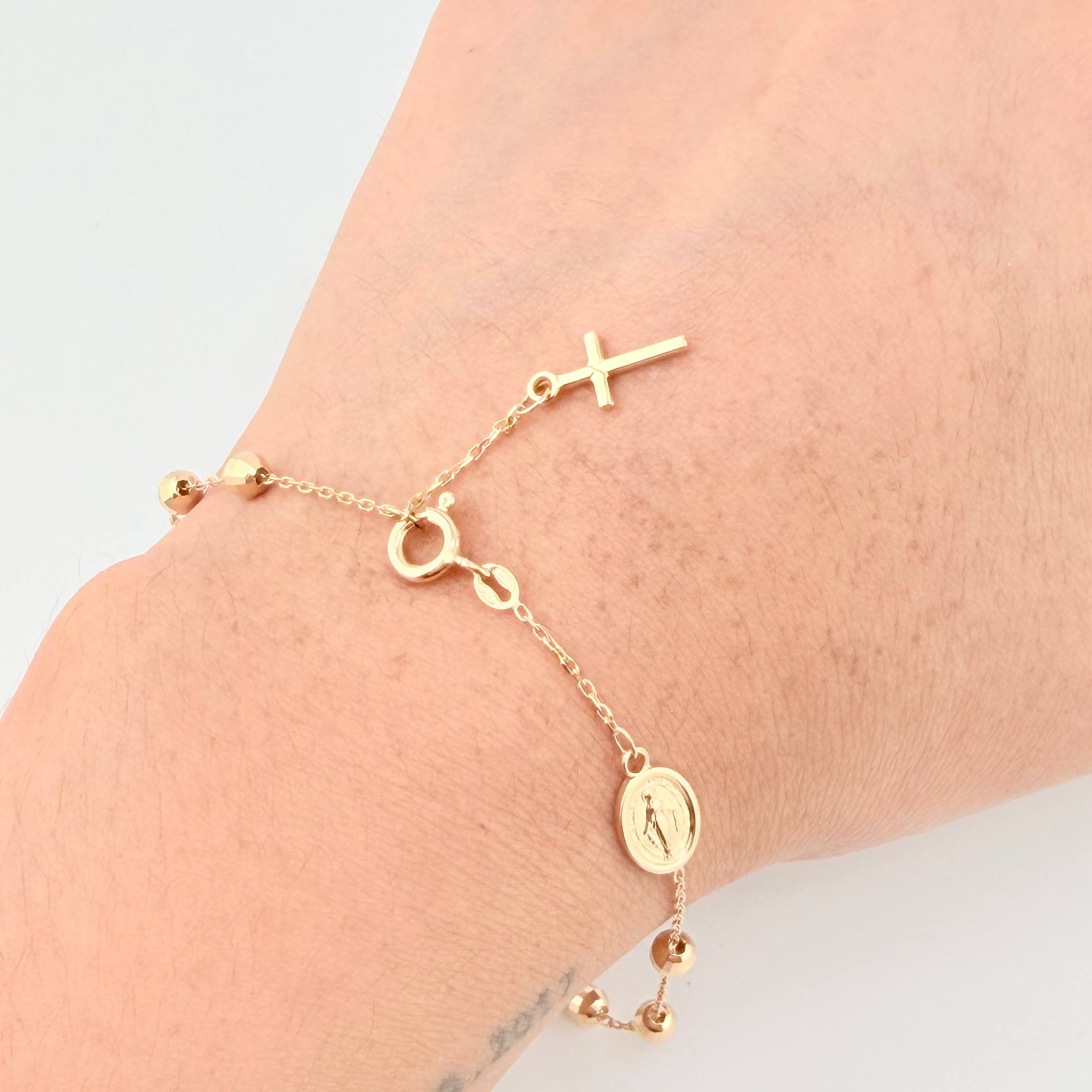 Pulso Denario Virgen Milagrosa Cruz 3.25gr / 8 1/4 in / 3.8mm Oro Amarillo +4 18K