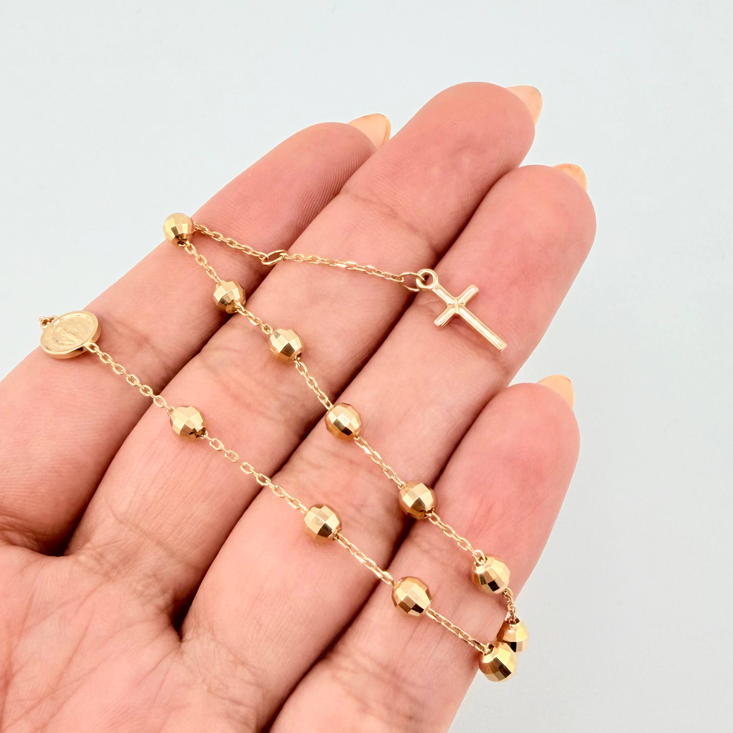 Pulso Denario Virgen Milagrosa Cruz 3.25gr / 8 1/4 in / 3.8mm Oro Amarillo +4 18K