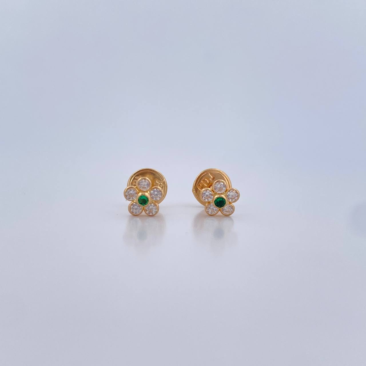Stud Earrings Flower 0.6gr / White Zircons Green 18K Yellow Gold $