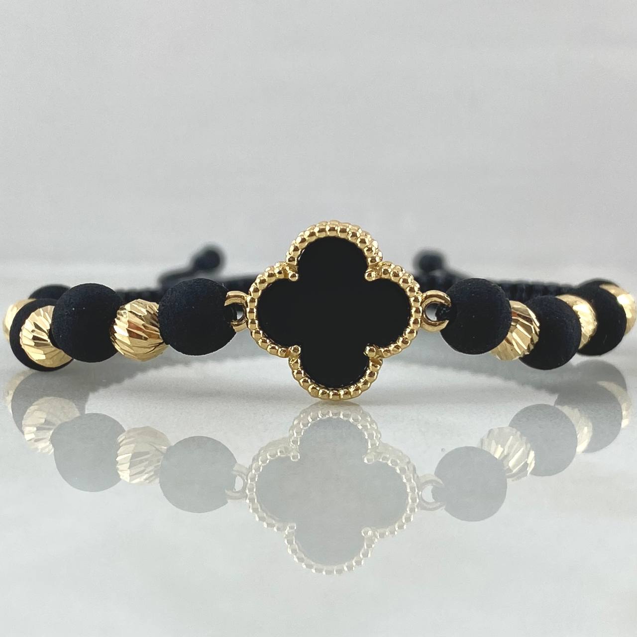Pulsera Negra Herraje Trebol 3gr / Nac.Esp. Oro 18K *