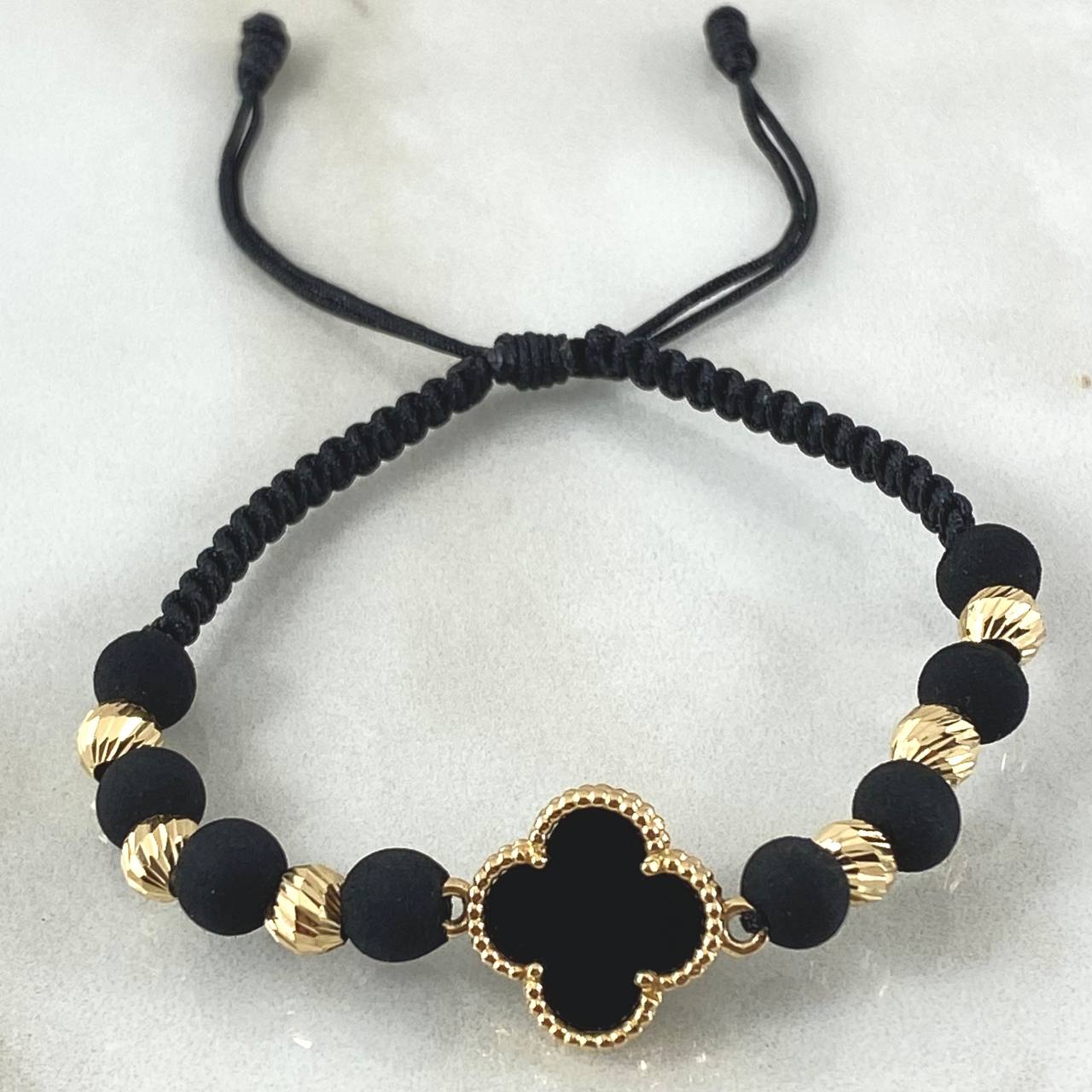 Pulsera Negra Herraje Trebol 3gr / Nac.Esp. Oro 18K *