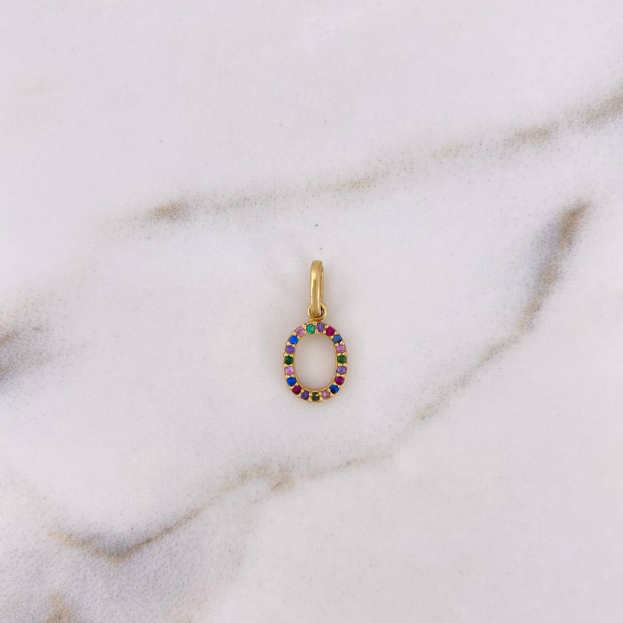 Pendant Letter O 0.6gr / 1.6cm / Colored Zircons 18K Yellow Gold #