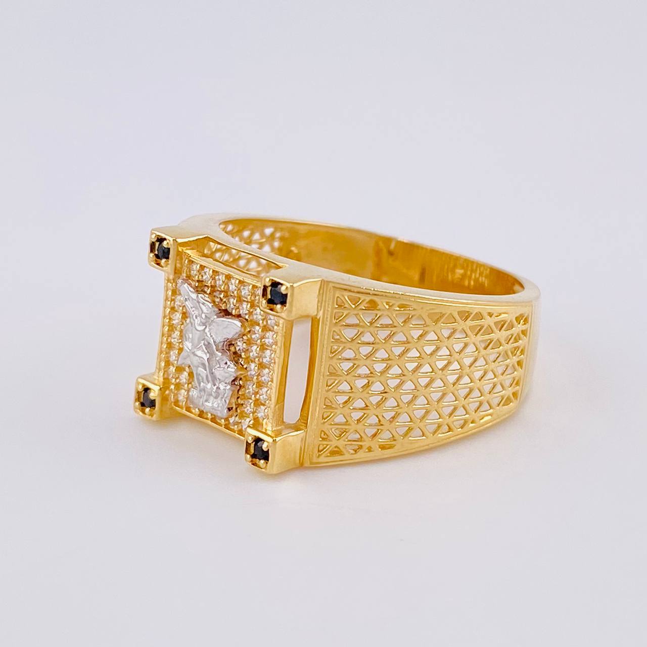 Saint Michael Archangel Mesh Ring 6.7g / T10 1/4 Two-Tone Yellow White Gold 18K