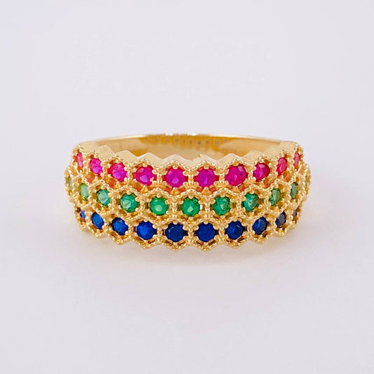 Tricolor Honeycomb Ring 3.9g / T7 Yellow Gold 18K