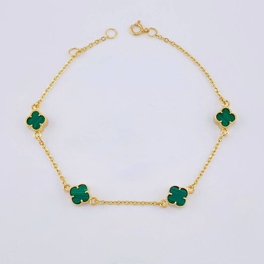 Pulso Modulable Trebol Malaquita Verde 2.7 g / 7 1/4 in - 6 1/2 in / 1.36 mm Oro Amarillo 18K