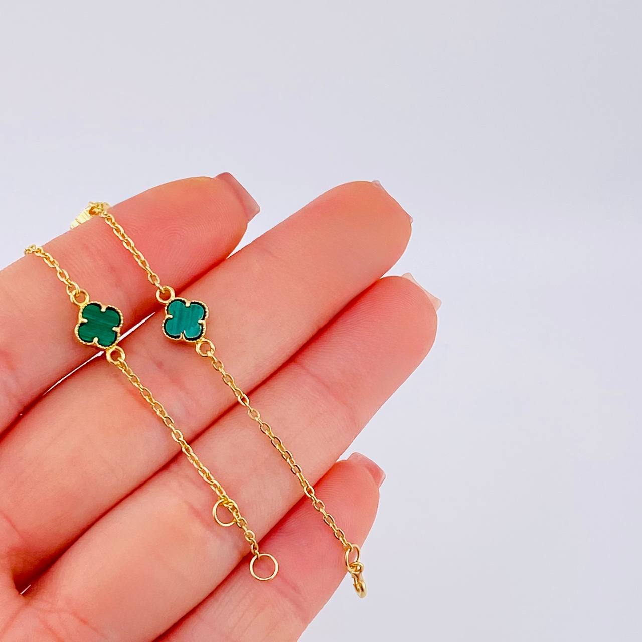 Modular Clover Green Malachite Bracelet 4.4 g / 7 in - 6 1/2 in / 1.4 mm 18K Yellow Gold