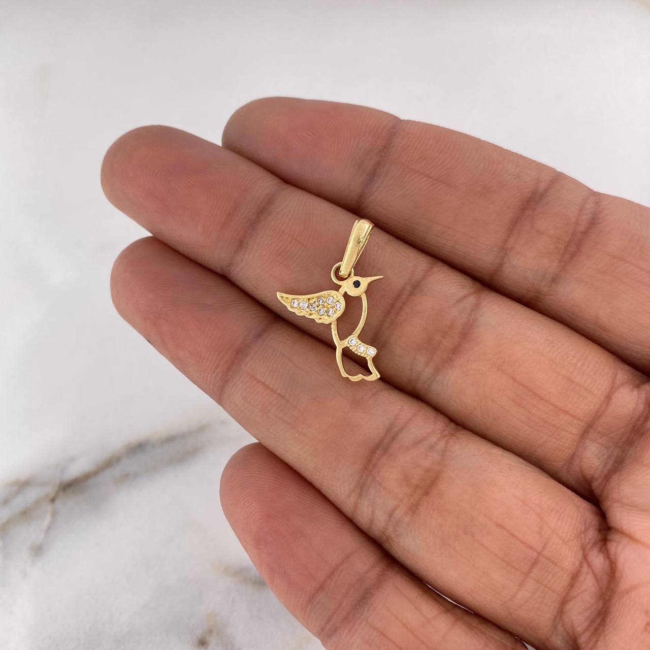 Pendant Colibri 0.9gr / 2cm / Silhouette White Black Zircons 18K Yellow Gold #