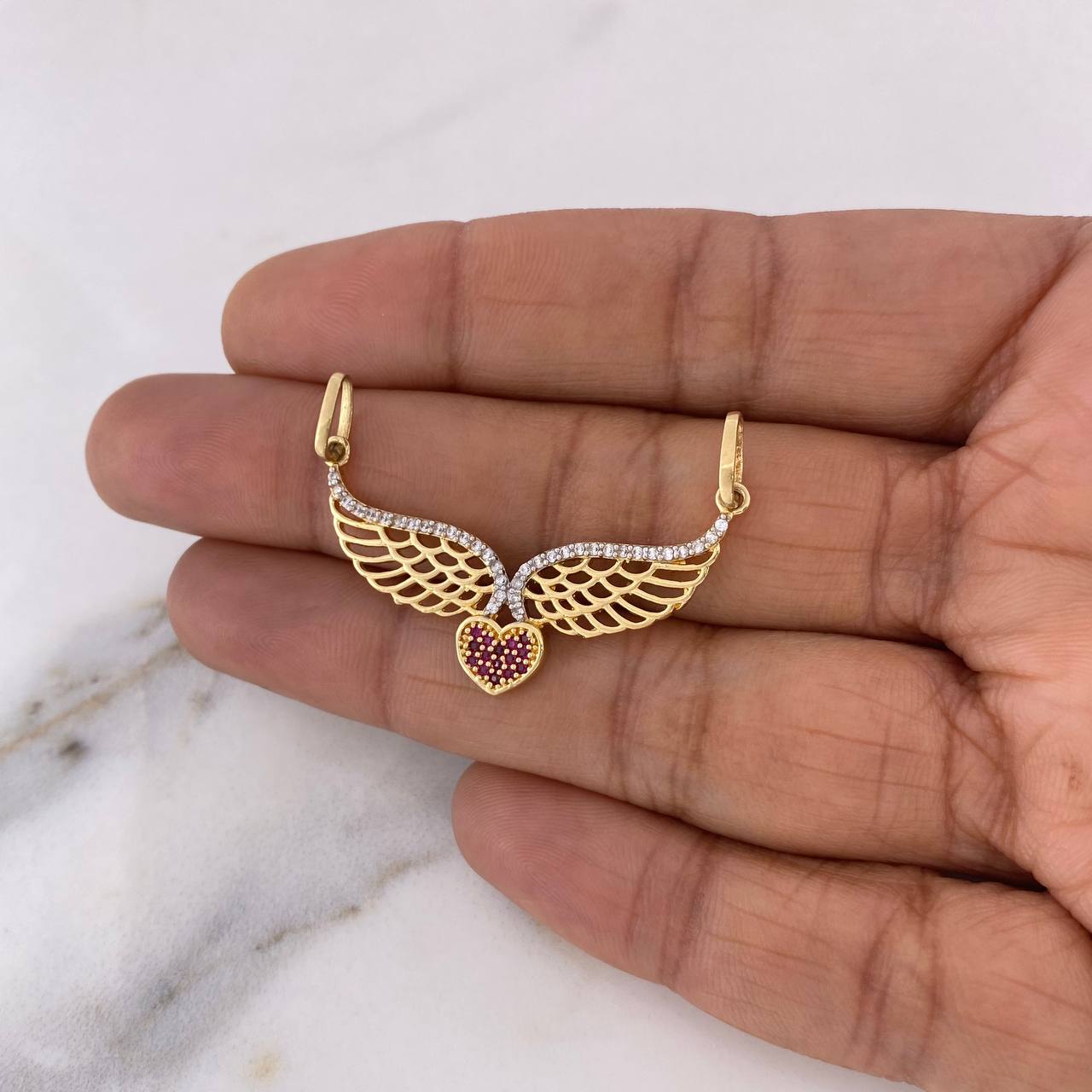 Pendant Heart Wings 3.5gr / 3.7cm / White Fuchsia Zircons Two 18K Yellow White Golds #