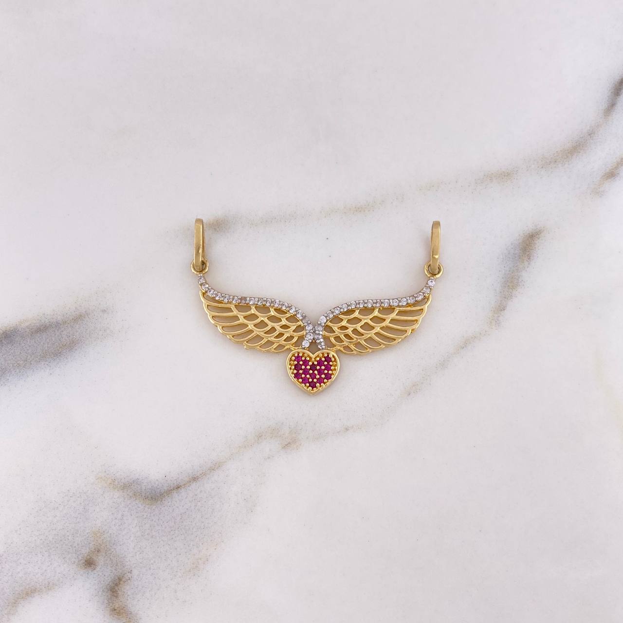 Pendant Heart Wings 3.5gr / 3.7cm / White Fuchsia Zircons Two 18K Yellow White Golds #