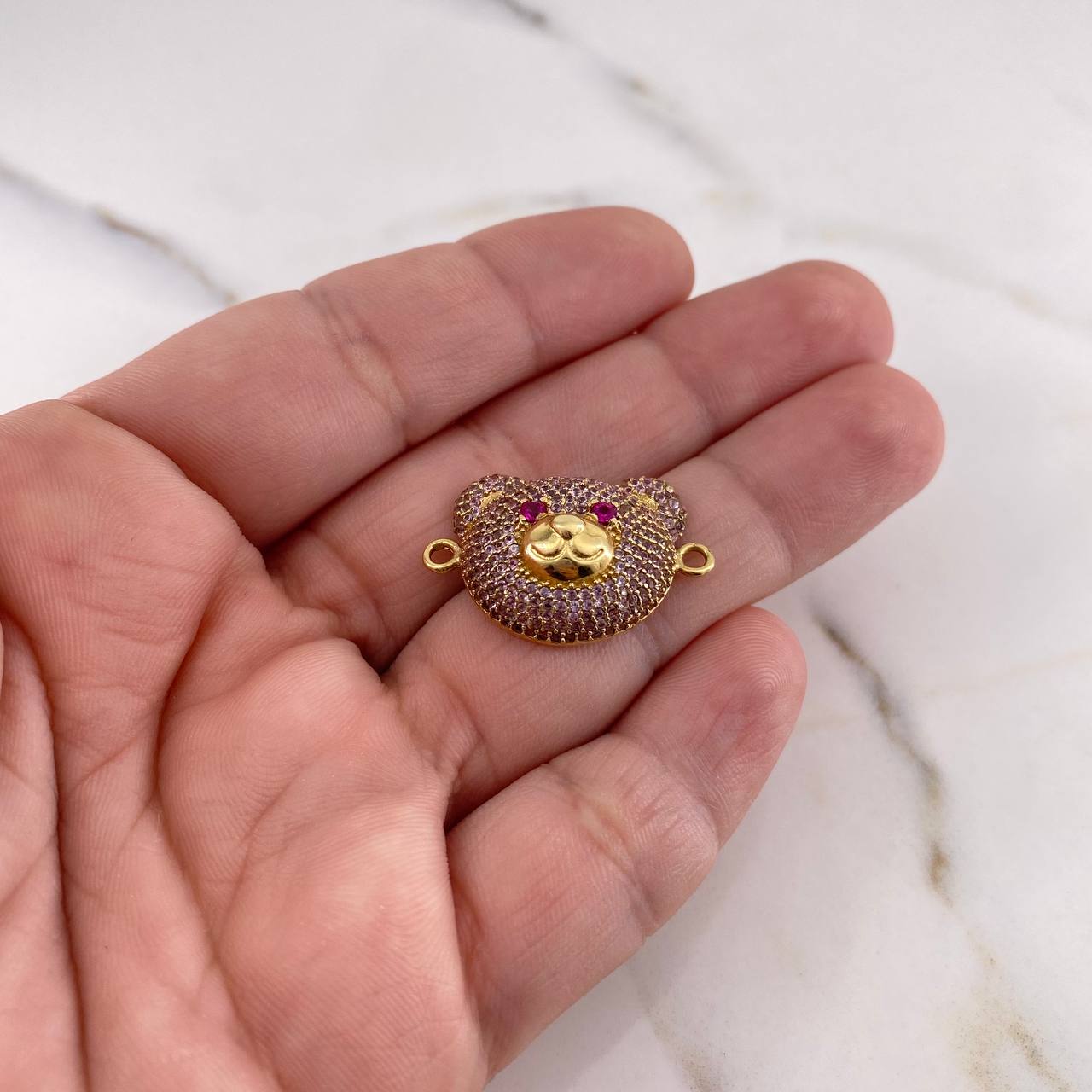 Charm Bear Face 4.35gr / 2.7cm / Pink Fuchsia Zircons 18K Yellow Gold #