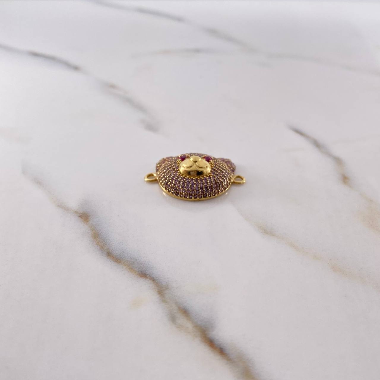 Charm Bear Face 4.35gr / 2.7cm / Pink Fuchsia Zircons 18K Yellow Gold #