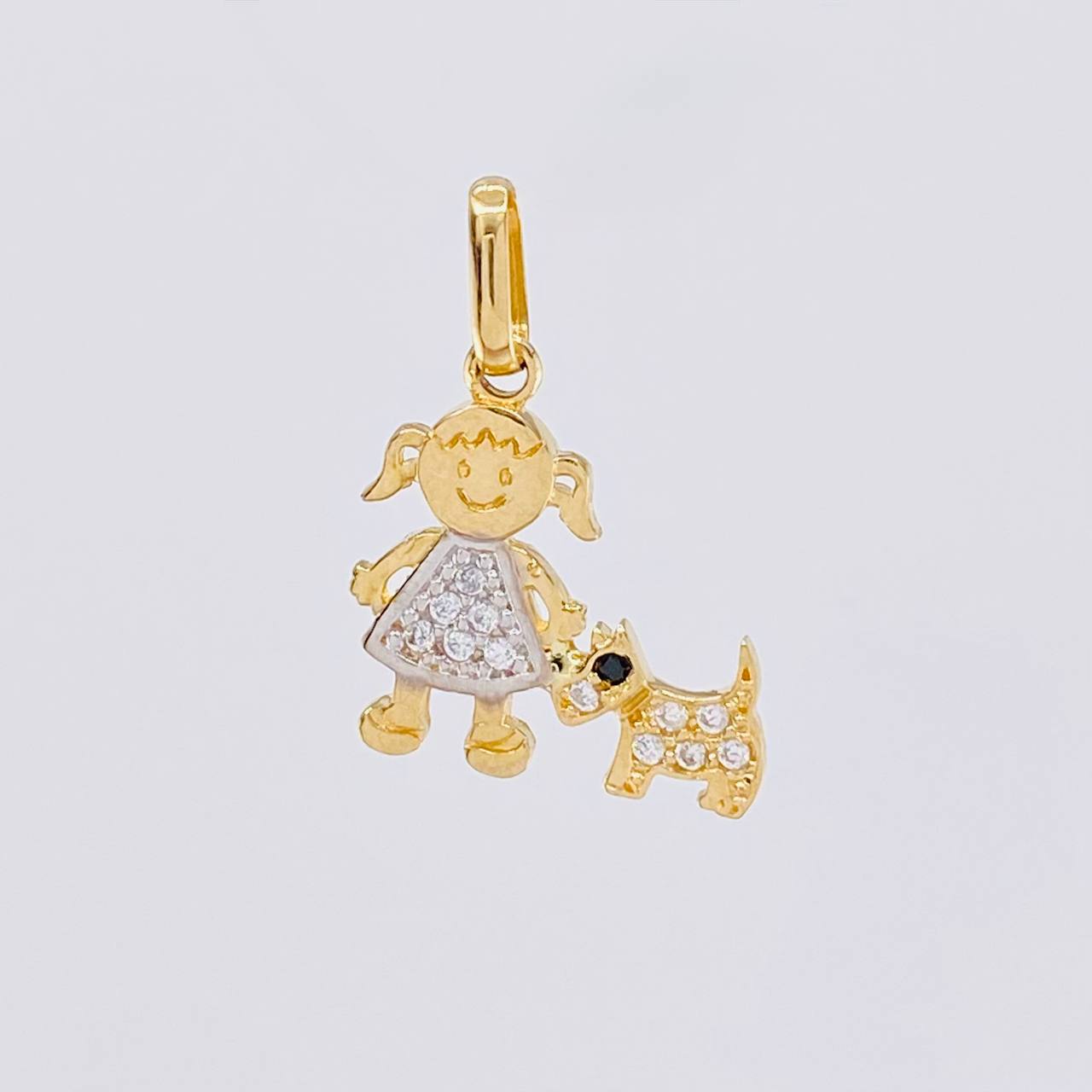 Dije Niña y Perro 1.1g / 3/4 in Dos Oros Amarillo Blanco 18K