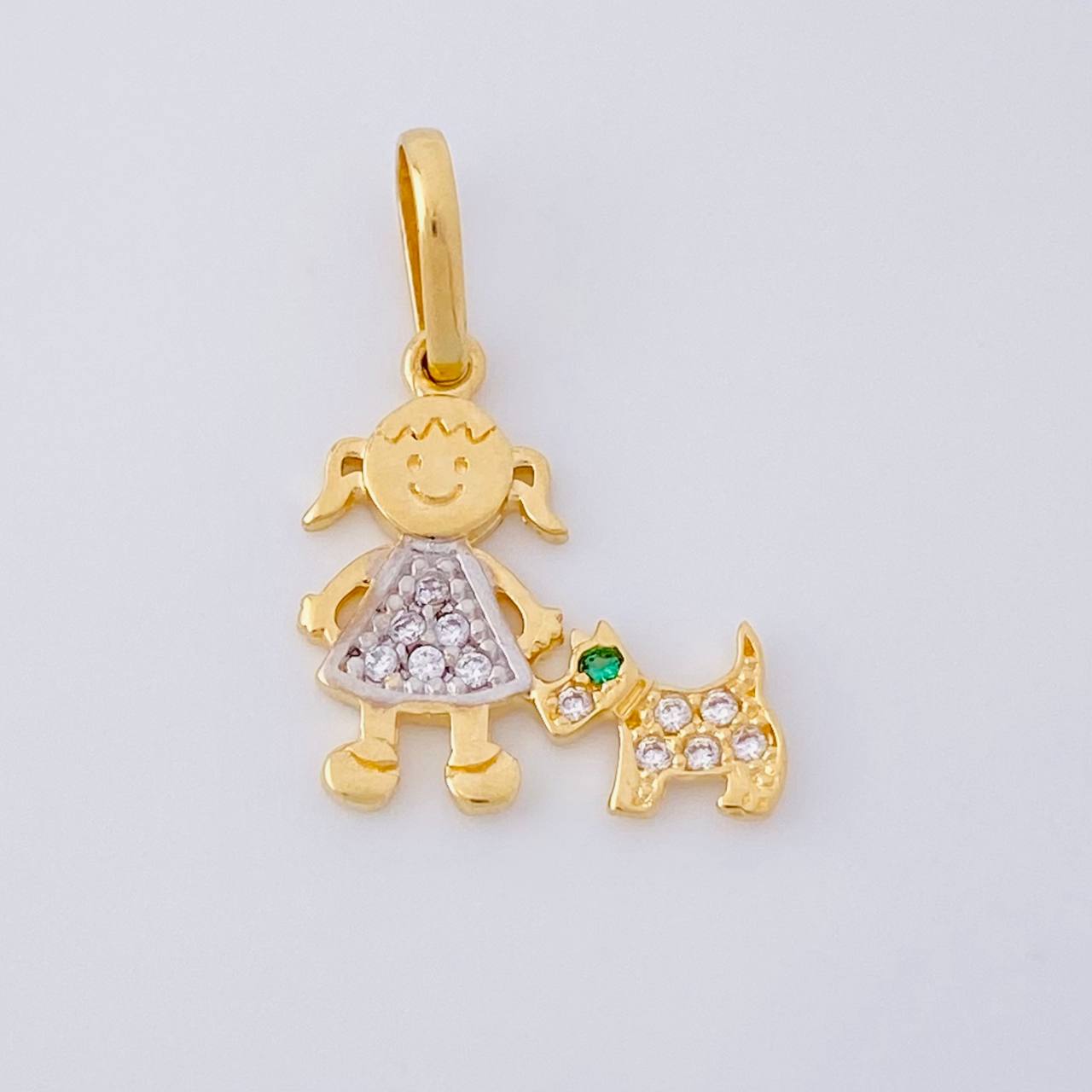 Pendant Girl and Dog 1.1g / 3/4 in Two-Tone Yellow White Gold 18K